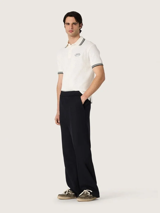 Cămășă polo albă din bumbac pentru bărbați, cu model jacquard ajurat