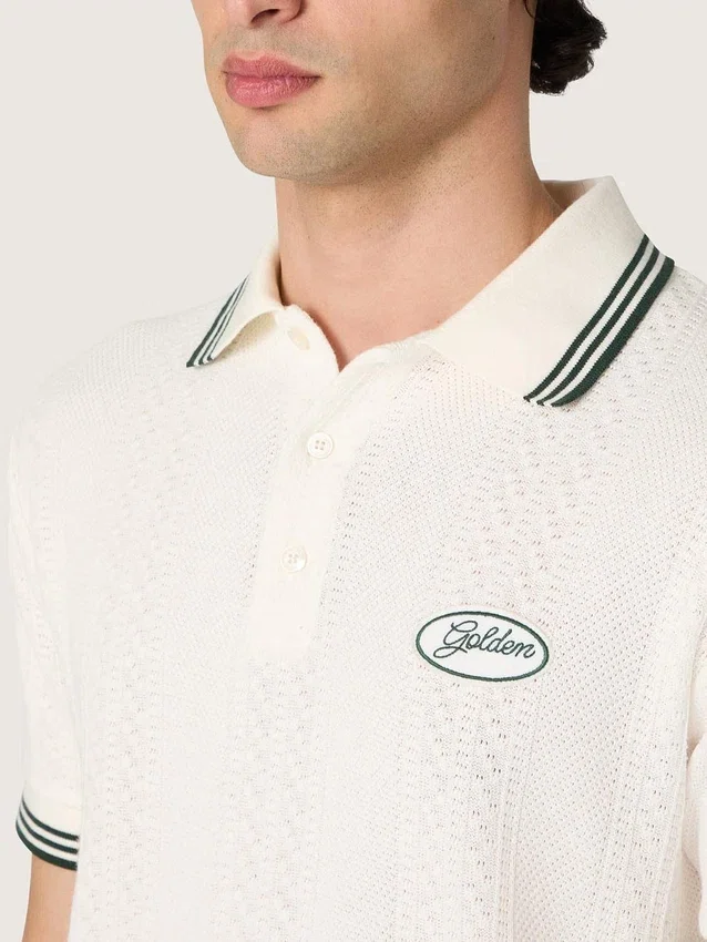 Cămășă polo albă din bumbac pentru bărbați, cu model jacquard ajurat