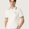 Cămășă polo albă din bumbac pentru bărbați, cu model jacquard ajurat