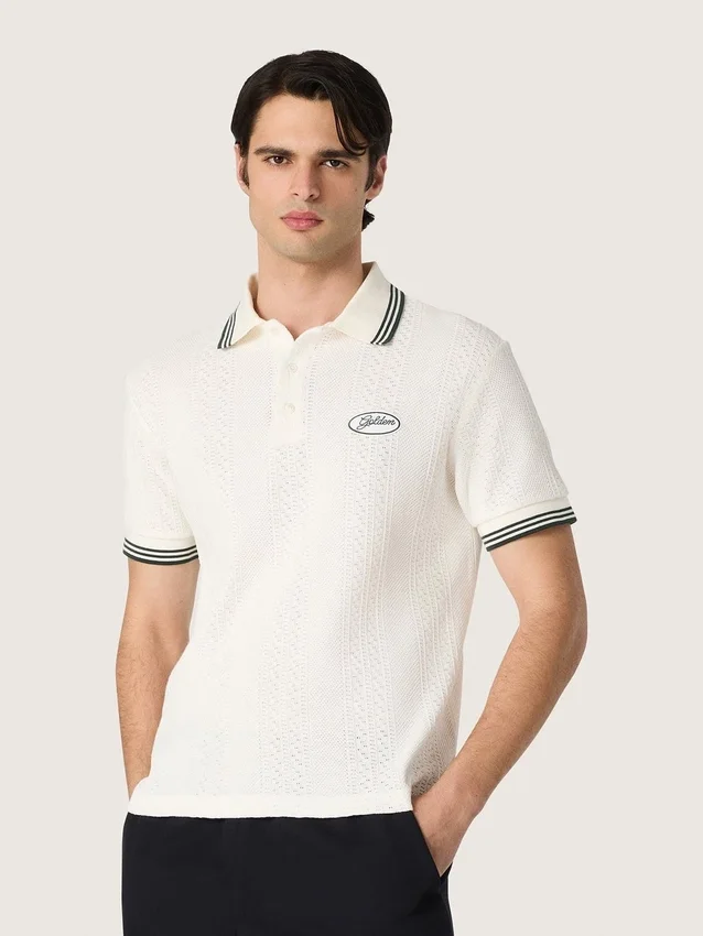 Cămășă polo albă din bumbac pentru bărbați, cu model jacquard ajurat