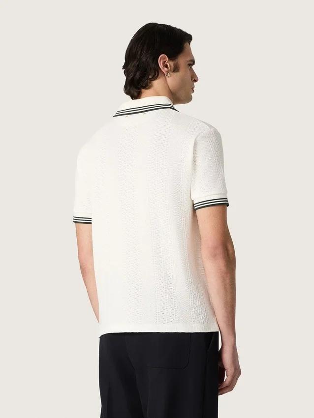 Cămășă polo albă din bumbac pentru bărbați, cu model jacquard ajurat