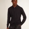 Cămășă polo cu mâneci lungi pentru bărbați, din lână merino albastru-marin