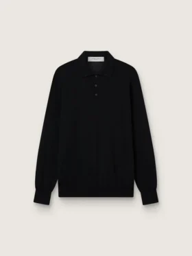 Cămășă polo cu mâneci lungi pentru bărbați, din lână merino neagră