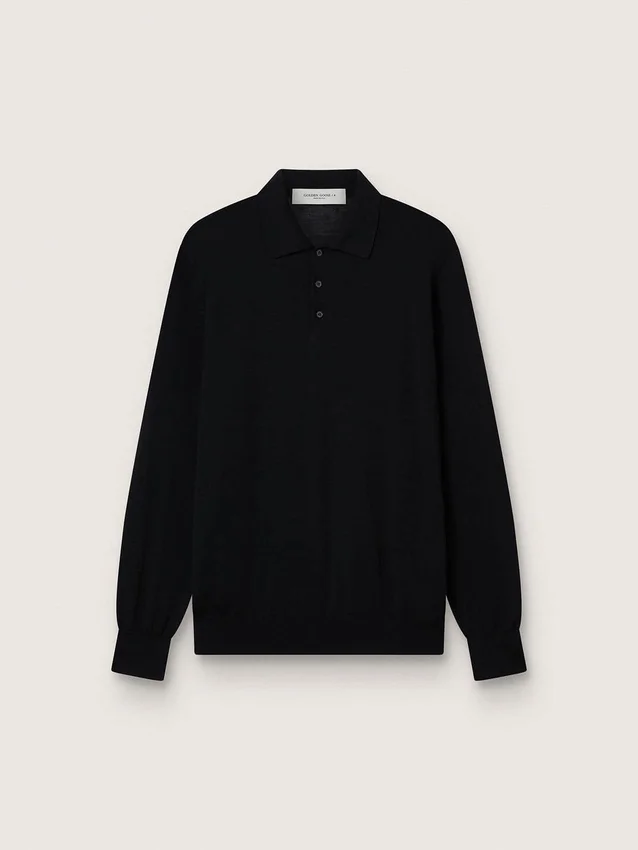 Cămășă polo cu mâneci lungi pentru bărbați, din lână merino neagră