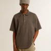 Cămășă polo din bumbac pentru bărbați, de culoare gri antracit, cu broderie