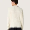Cămășă polo pentru bărbați cu mâneci lungi, din tricot alb, cu margini contrastante și insignă detașabilă