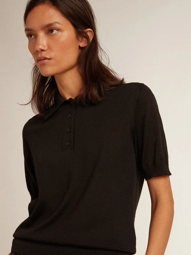 Cămășă polo pentru femei din lână merino neagră