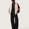 Jachetă bomber unisex din tricot jacquard alb și visiniu