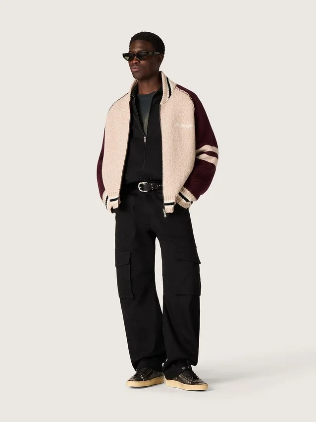 Jachetă bomber unisex din tricot jacquard alb și visiniu