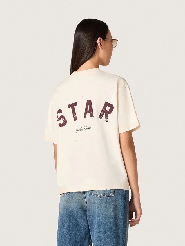 Cămășă unisex „Star” din bumbac alb, cu cristale în degrade pe toată suprafața și imprimeu pe spate