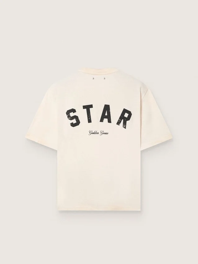 Cămășă unisex Star din bumbac, în alb vintage, cu imprimeu negru pe spate