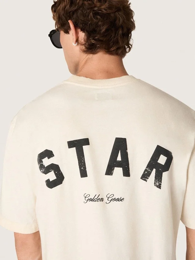 Cămășă unisex Star din bumbac, în alb vintage, cu imprimeu negru pe spate