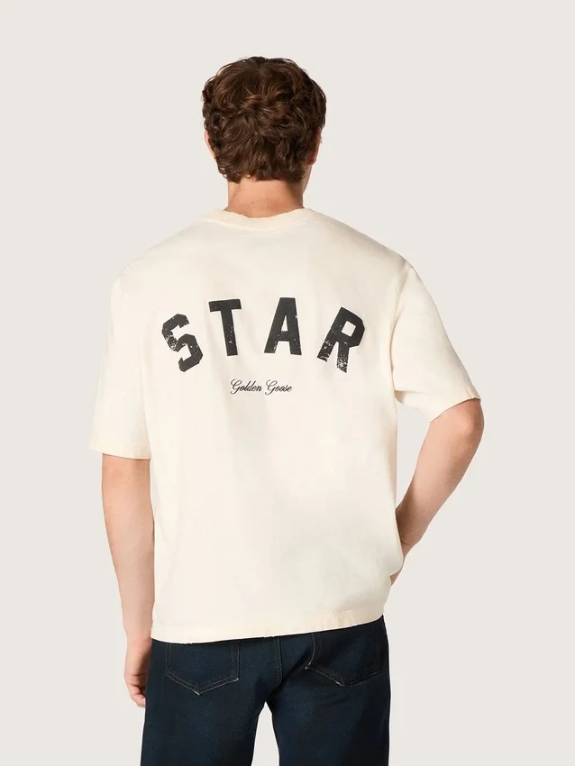 Cămășă unisex Star din bumbac, în alb vintage, cu imprimeu negru pe spate