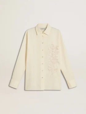 Cămașă din bumbac de culoare crem pentru femei, cu broderie florală