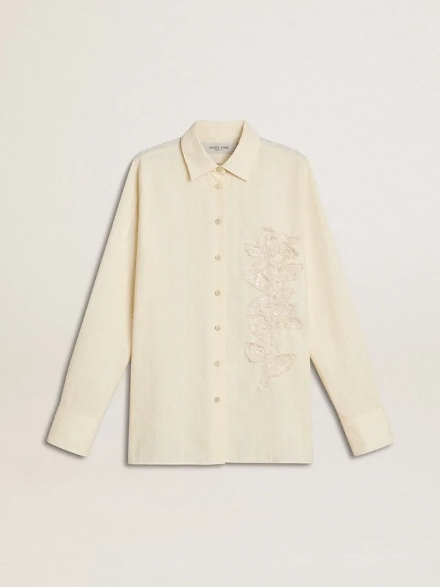 Cămașă din bumbac de culoare crem pentru femei, cu broderie florală
