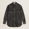 Cămașă din denim negru pentru femei, cu model floral ton sur ton