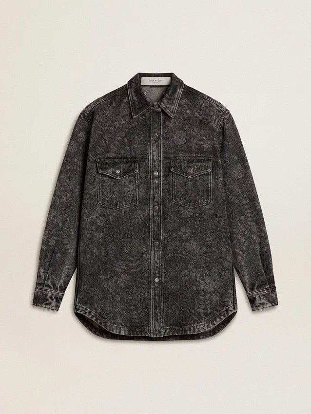 Cămașă din denim negru pentru femei, cu model floral ton sur ton