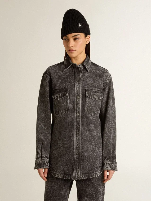Cămașă din denim negru pentru femei, cu model floral ton sur ton