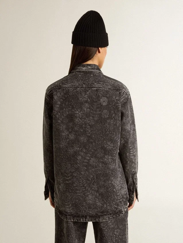 Cămașă din denim negru pentru femei, cu model floral ton sur ton