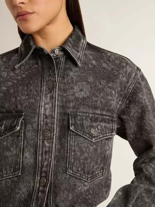 Cămașă din denim negru pentru femei, cu model floral ton sur ton