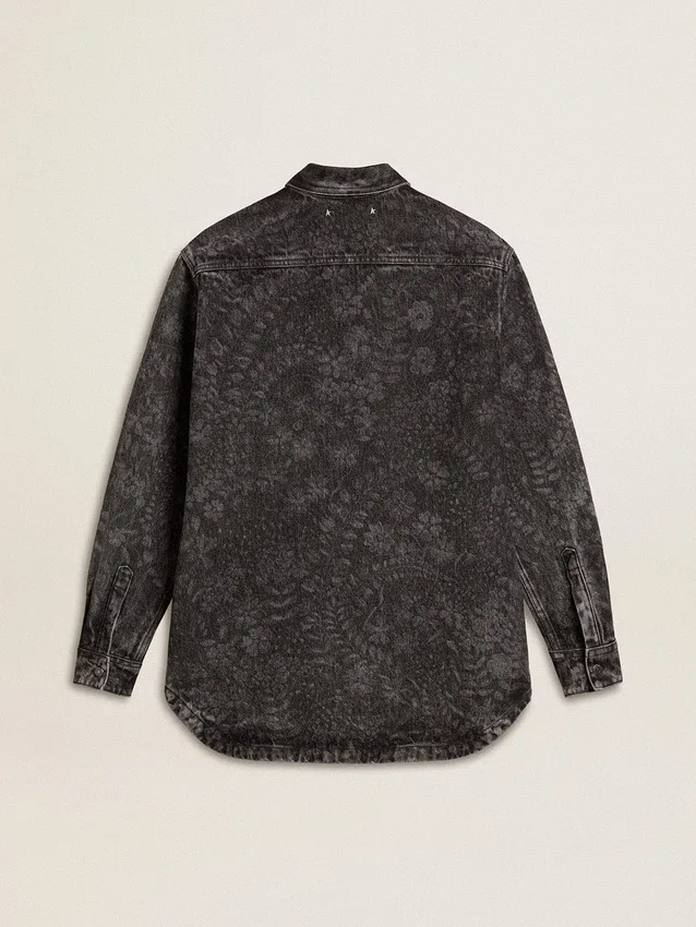 Cămașă din denim negru pentru femei, cu model floral ton sur ton