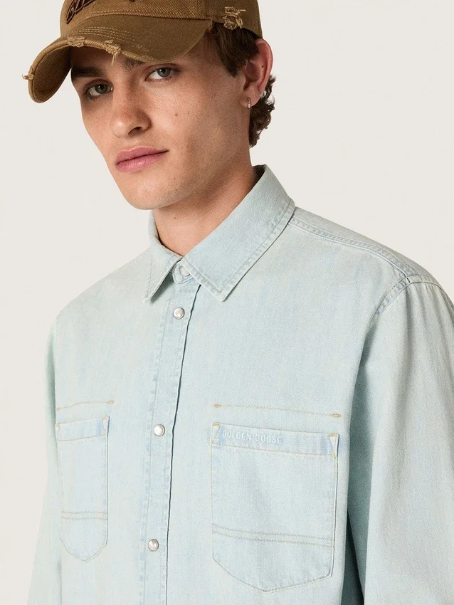 Cămașă largă pentru bărbați din denim albastru deschis