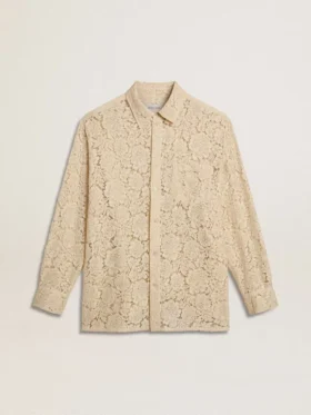 Cămașă oversized din dantelă transparentă de culoare crem