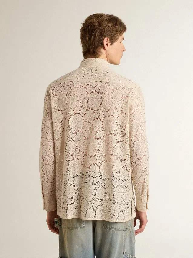 Cămașă oversized din dantelă transparentă de culoare crem