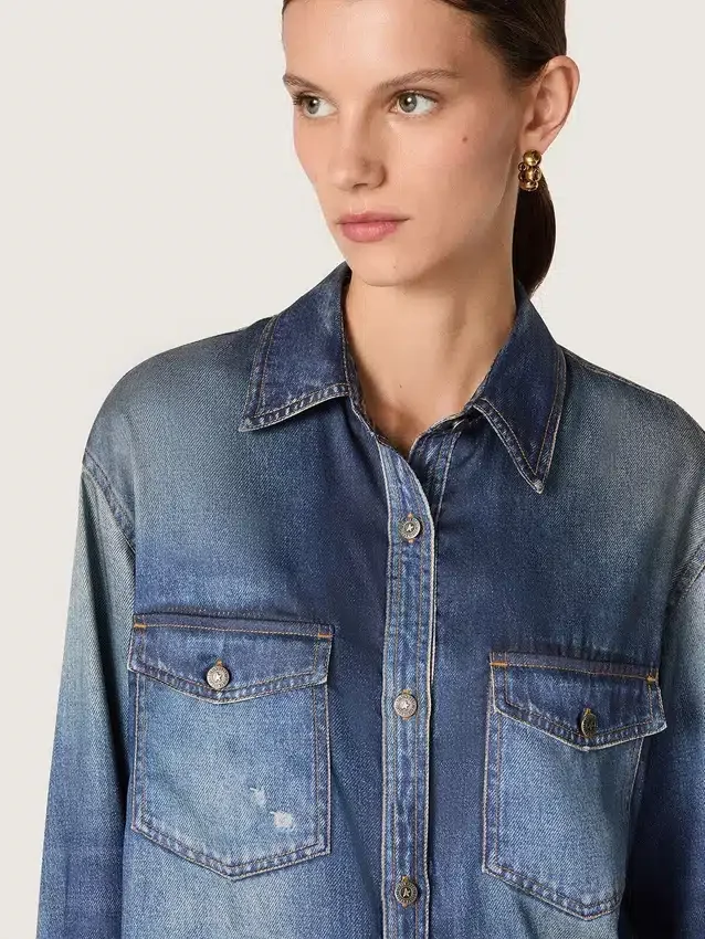 Cămașă oversized pentru femei, cu efect de denim uzat