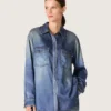 Cămașă oversized pentru femei, cu efect de denim uzat