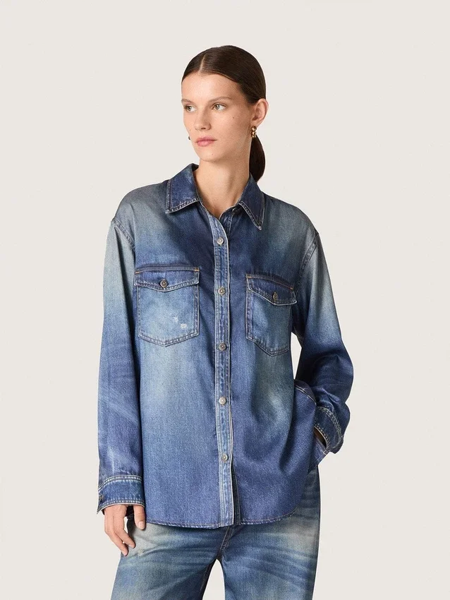Cămașă oversized pentru femei, cu efect de denim uzat
