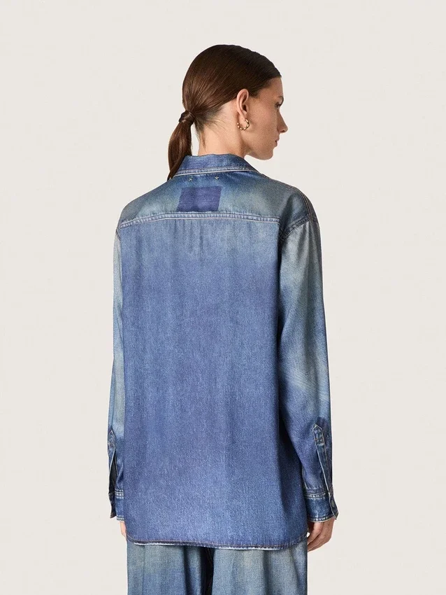 Cămașă oversized pentru femei, cu efect de denim uzat