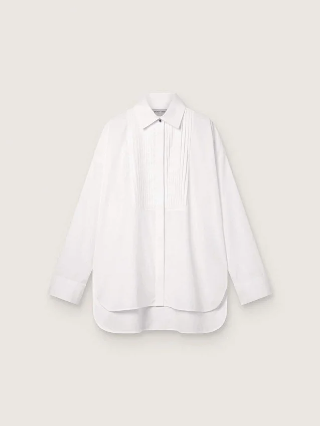 Cămașă oversized pentru femei din bumbac alb, cu detalii plisate și nasturi prețioși