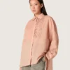Cămașă oversized pentru femei din voal de bumbac coral cu detalii plisate