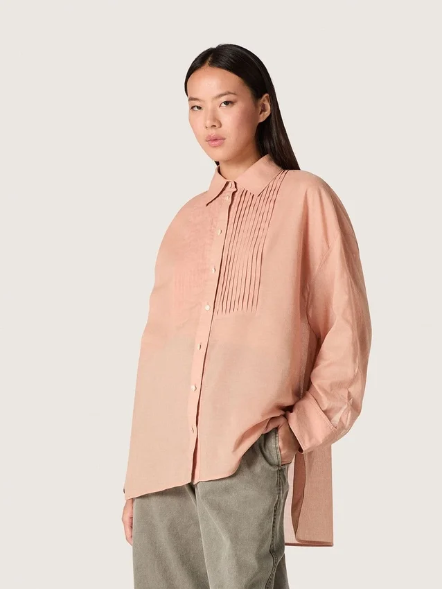 Cămașă oversized pentru femei din voal de bumbac coral cu detalii plisate