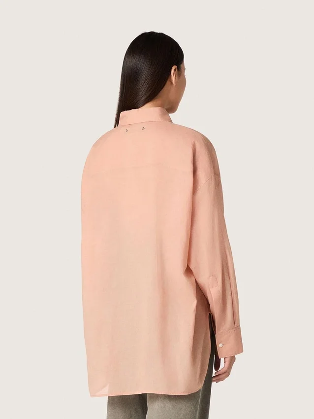 Cămașă oversized pentru femei din voal de bumbac coral cu detalii plisate