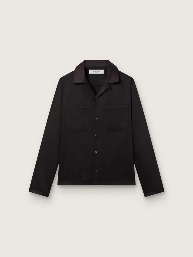 Cămașă pentru bărbați din twill de lână negru cu detalii din satin negru