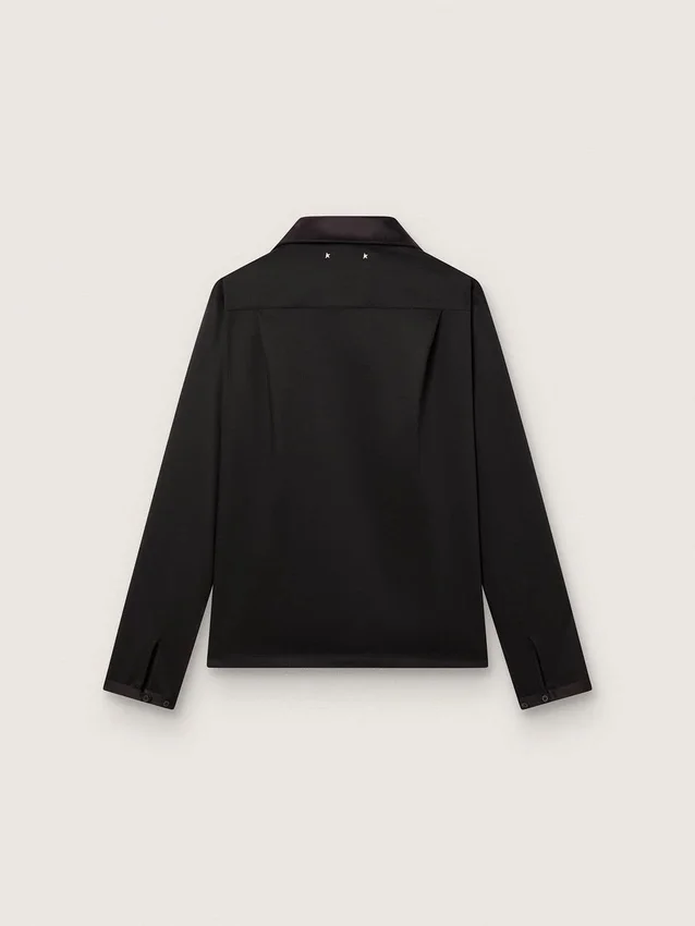 Cămașă pentru bărbați din twill de lână negru cu detalii din satin negru