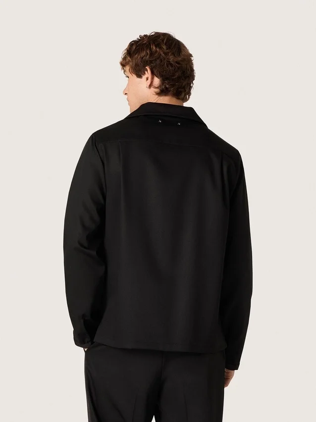 Cămașă pentru bărbați din twill de lână negru cu detalii din satin negru