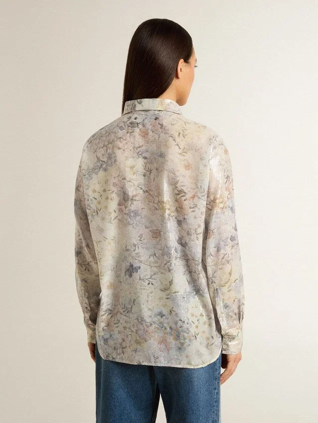 Cămașă pentru femei cu imprimeu floral multicolor din paiete