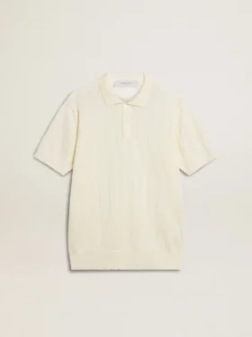 Cămășa polo albă pentru bărbați, din tricot jacquard