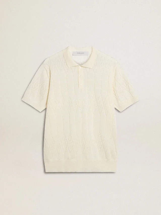 Cămășa polo albă pentru bărbați, din tricot jacquard