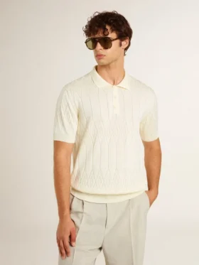 Cămășa polo albă pentru bărbați, din tricot jacquard