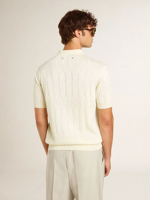 Cămășa polo albă pentru bărbați, din tricot jacquard