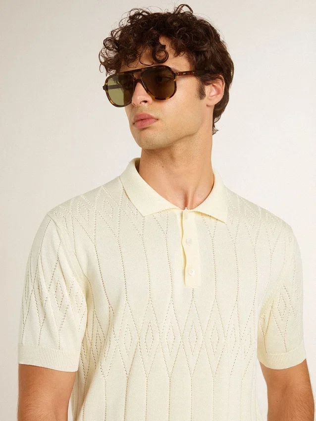 Cămășa polo albă pentru bărbați, din tricot jacquard