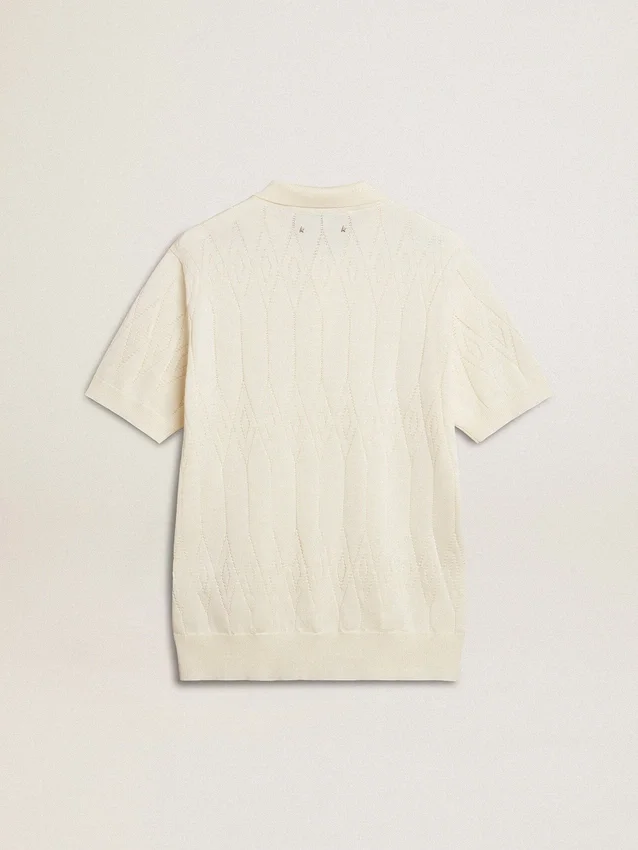 Cămășa polo albă pentru bărbați, din tricot jacquard