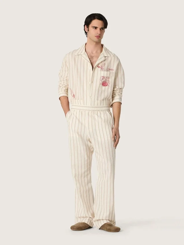 Cămașă unisex din bumbac și in cu dungi în nuanțe de ecru și nisip, cu broderie