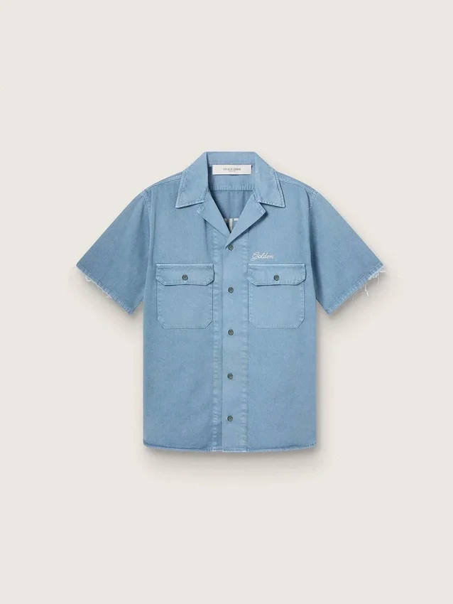 Cămașă unisex din denim albastru deschis, cu broderie pe spate