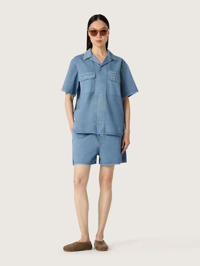 Cămașă unisex din denim albastru deschis, cu broderie pe spate