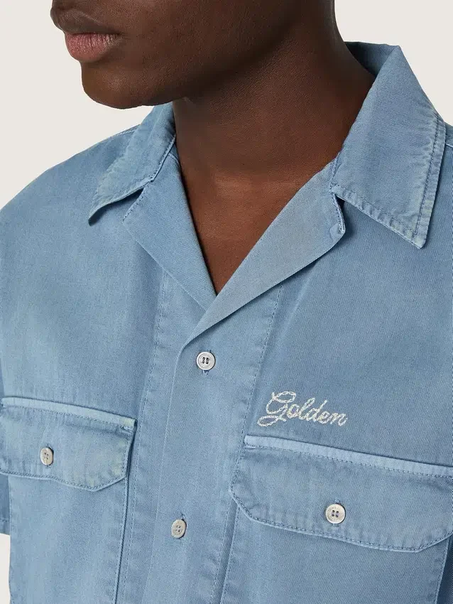 Cămașă unisex din denim albastru deschis, cu broderie pe spate